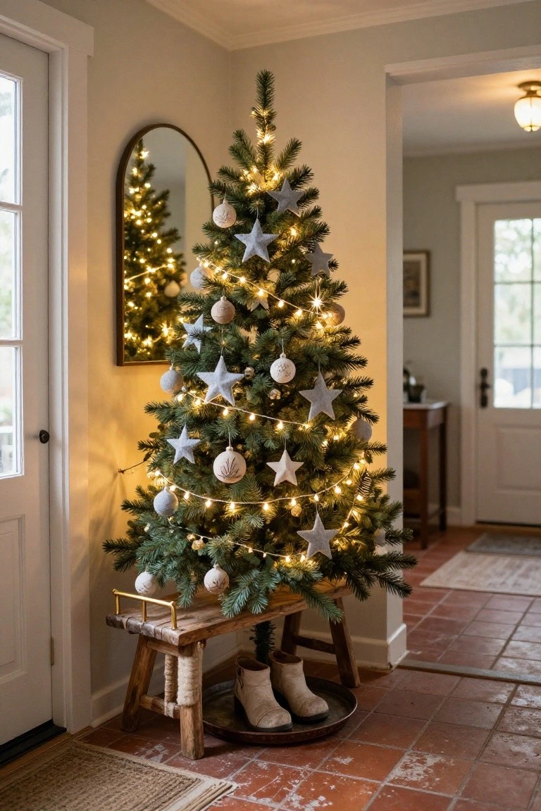 A small Christmas tree decorated with gray star and white ball ornaments and string lights stands in a room corner next to a wooden bench with boots on a metal tray, reflected in an arched mirror by a door.