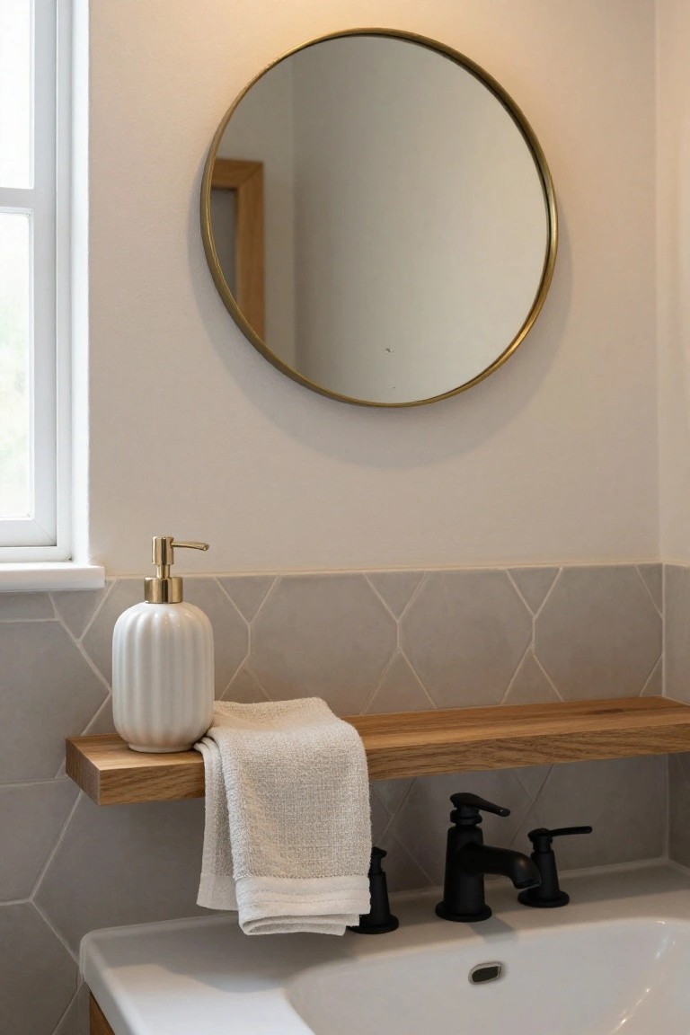 Close-up of a modern bathroom sink area with white sink and black faucet, oak floating shelf holding white towel and fluted soap dispenser, gold pump dispenser nearby, gray hexagonal tile backsplash, and round gold mirror above.