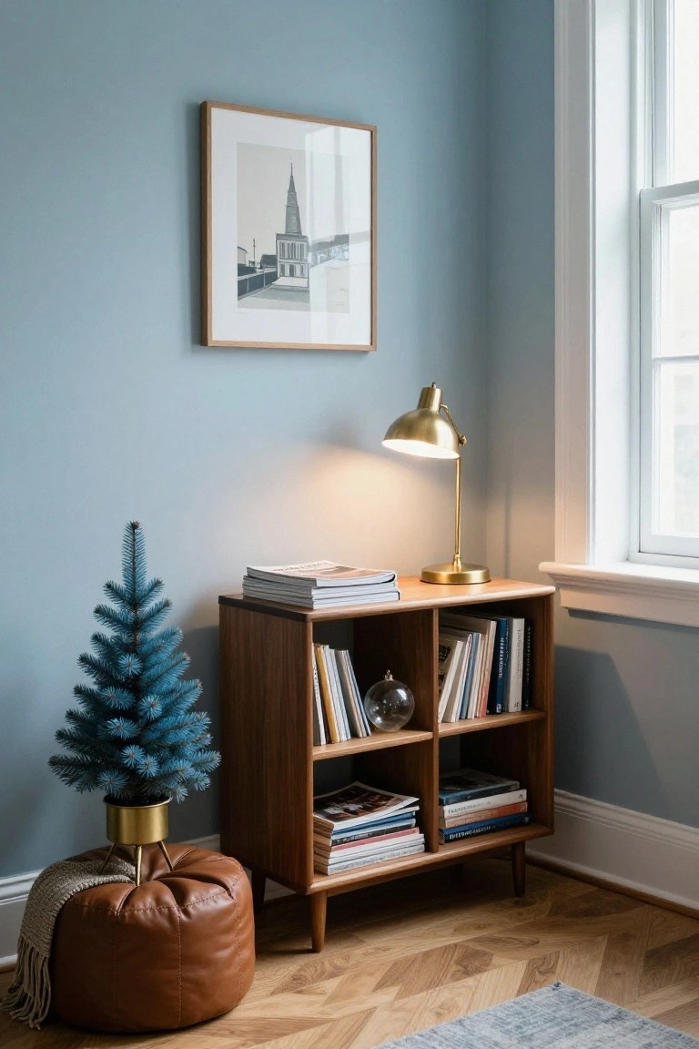 Corner of a pale blue room with a small turquoise artificial Christmas tree in a gold pot next to a wooden mid-century modern bookshelf holding books and topped with stacked magazines and a gold lamp, plus a brown leather pouf on herringbone wood floors near a white-trimmed window.