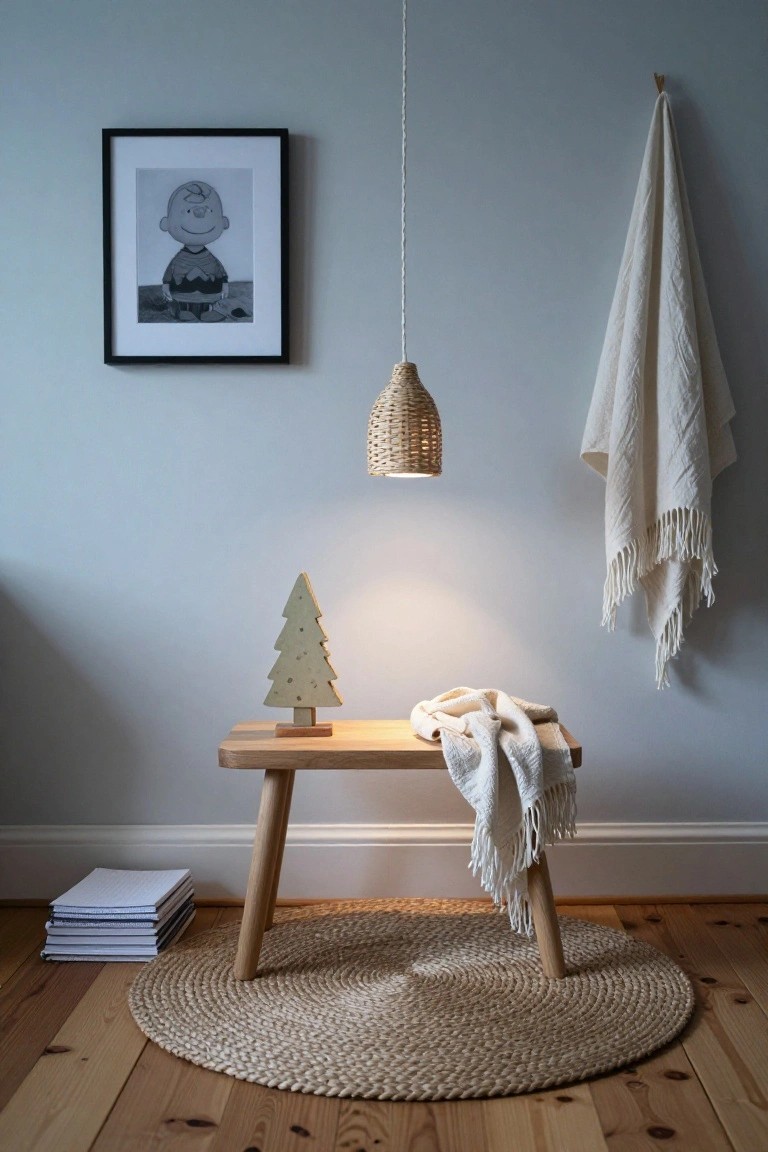 Light blue interior room corner with black-framed drawing on wall, rattan pendant lamp, small wooden Christmas tree on wooden bench draped with white towel, stack of notebooks nearby, and seagrass rug on wooden floors.