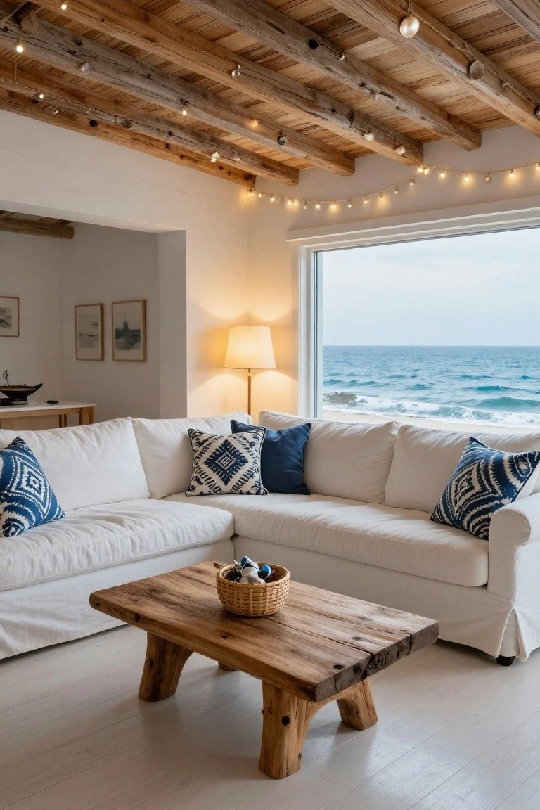 Living room featuring a white slipcovered sofa, low wooden coffee table with a wicker basket of small ornaments, exposed wooden beam ceiling strung with fairy lights, a floor lamp, and a large window showing ocean waves.