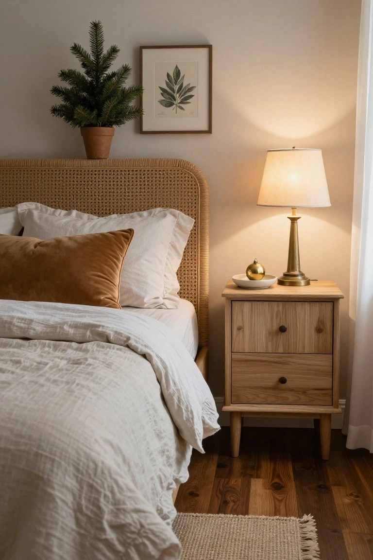 Bedroom corner showing rattan headboard bed with white linens and rust velvet pillow, oak nightstand with brass lamp gold ornament and dish, small potted fir tree in terracotta pot, leaf print on wall.