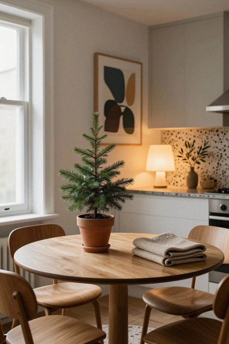A small potted Christmas tree on a round wooden dining table surrounded by wooden chairs in a light kitchen with white cabinets, a lamp, and neutral decor.