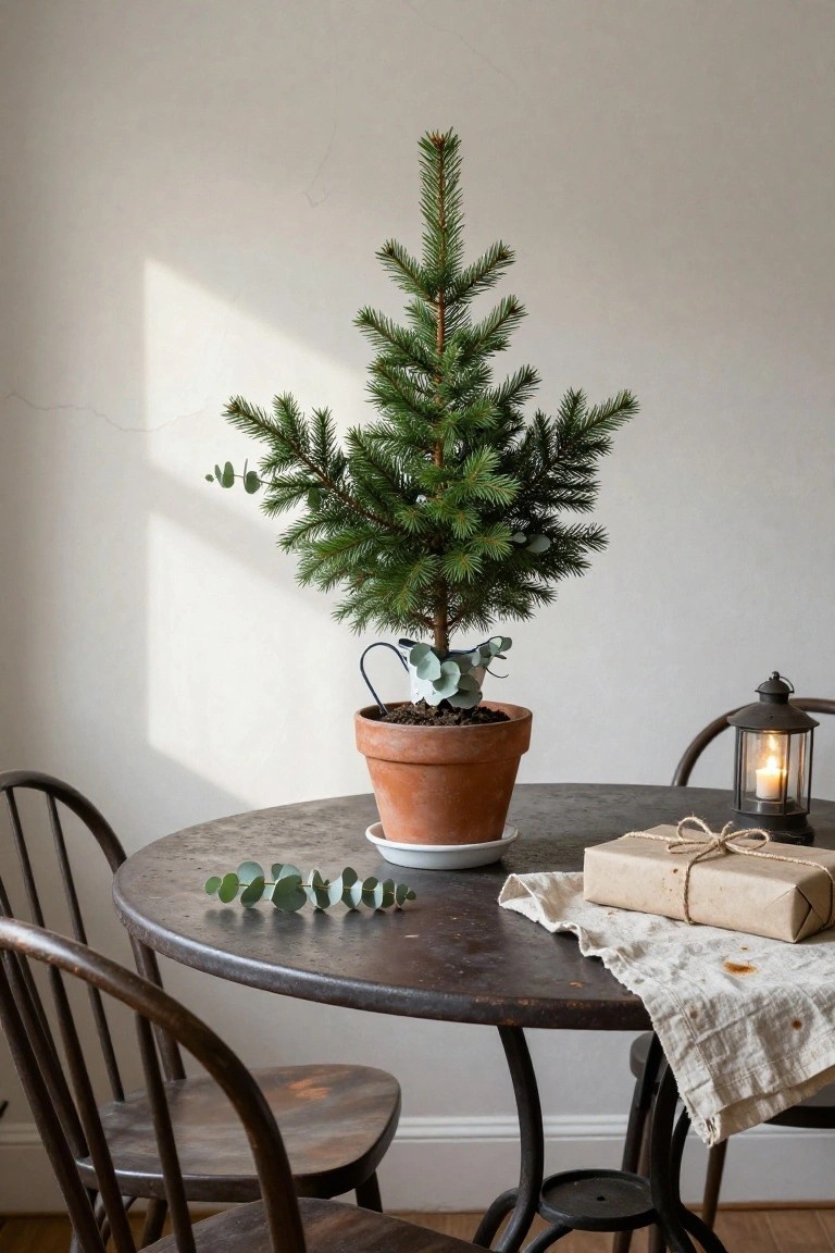 Small potted Christmas tree on a round rustic metal table with wooden chairs, eucalyptus branches, terracotta saucer, wrapped brown gift box, and lit lantern in a white-walled room.