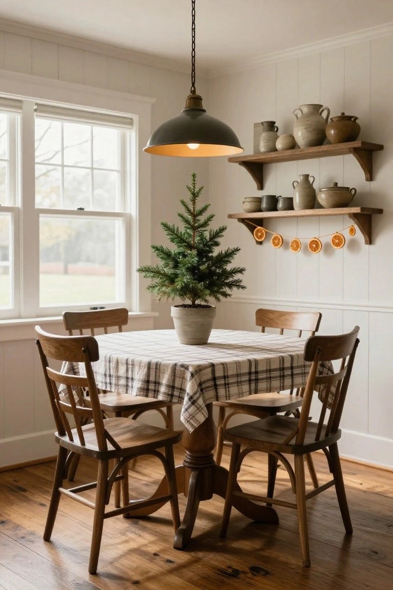 Small potted Christmas tree centered on a round wooden table covered in a plaid tablecloth, with wooden chairs around it in a white-walled kitchen nook featuring shelves of pottery, dried orange garland, and a pendant light.
