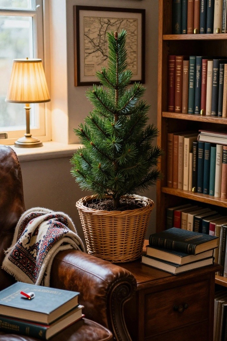 A small potted Norway spruce Christmas tree in a wicker basket stands next to a leather armchair beside wooden bookshelves in a warmly lit library room.
