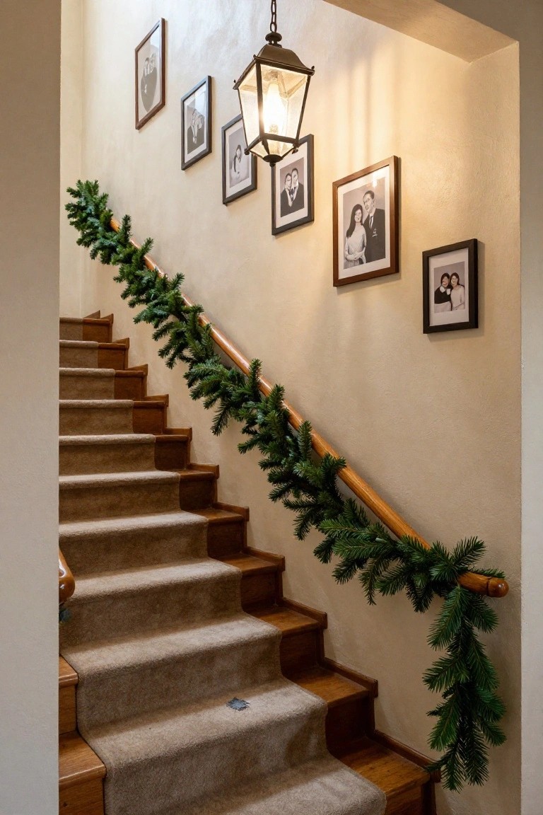 Wooden staircase with beige carpet runner, green pine garland wrapped around the railing, assorted framed family photos on the beige wall, and a hanging lantern light.