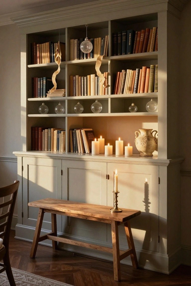 Tall gray-painted bookcase with assorted books, hanging glass ornaments, ribbon swags, multiple lit candles, and a ceramic vase on shelves and base, beside a wooden bench with a brass candlestick and a chair on parquet flooring.