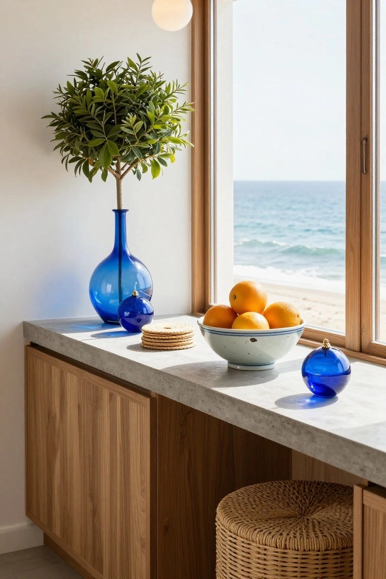 Windowsill display with blue glass vases and spheres, a white bowl of oranges, stacked woven coasters, a potted green plant, and a woven stool below wooden cabinets, viewed through large wooden-framed windows overlooking the ocean and beach.
