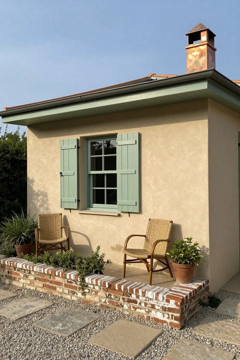 Beige stucco exterior of a small building with a single window framed by open green shutters, two wicker armchairs nearby, potted plants, brick planter wall, stone pavers, and gravel ground under a clear sky.