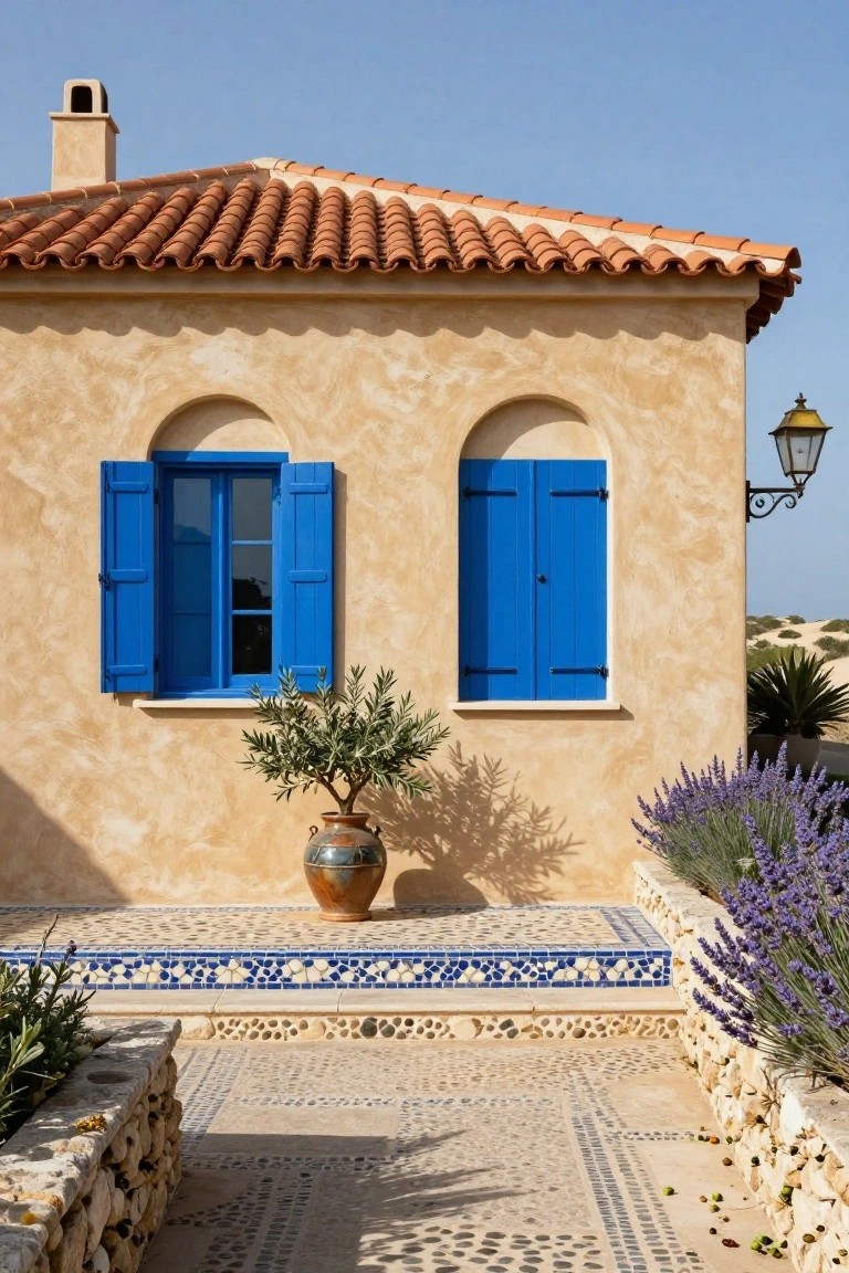 Blue Shutters on Beige Walls