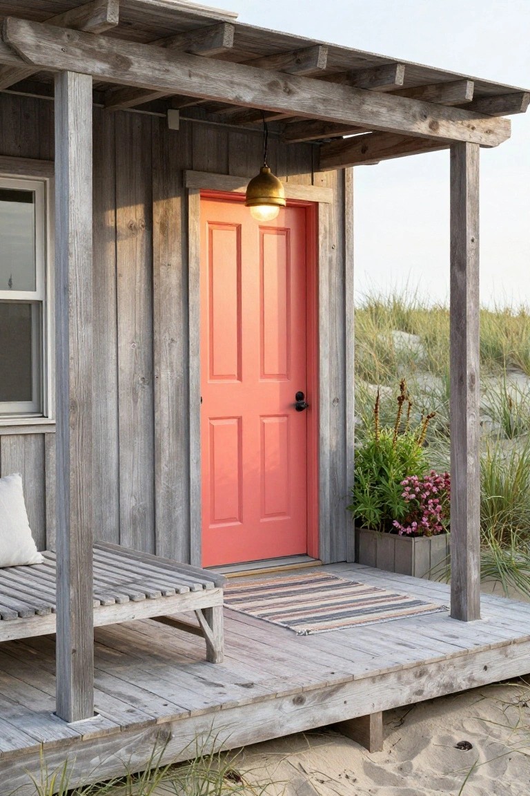 Weathered gray shiplap siding beach house with bright coral paneled front door, brass lantern light, potted plants on porch, wooden bench, and sand dunes in background.