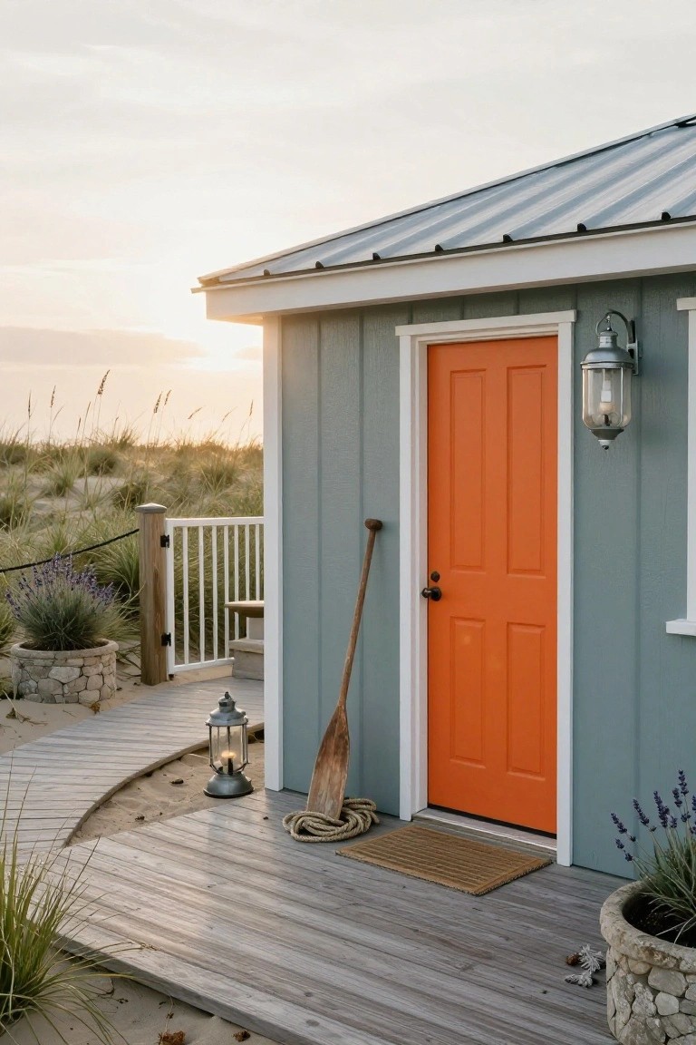 Gray shingled beach cottage exterior with bright orange front door, wooden paddle and rope on the porch, lantern light fixture, stone planters with lavender, and boardwalk path leading toward sand dunes at sunset.