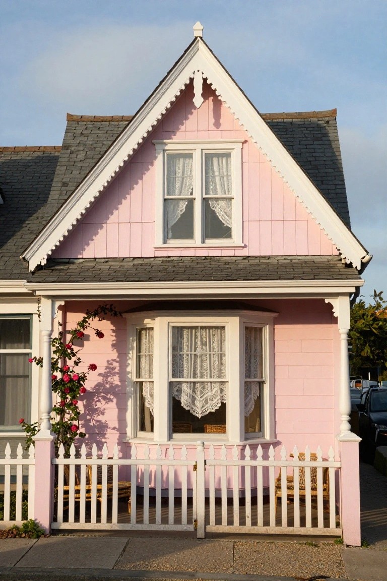 Pink clapboard house with white trim, gabled roof, bay window with lace curtains, climbing roses, white picket fence, and adjacent white house on a sunny street.