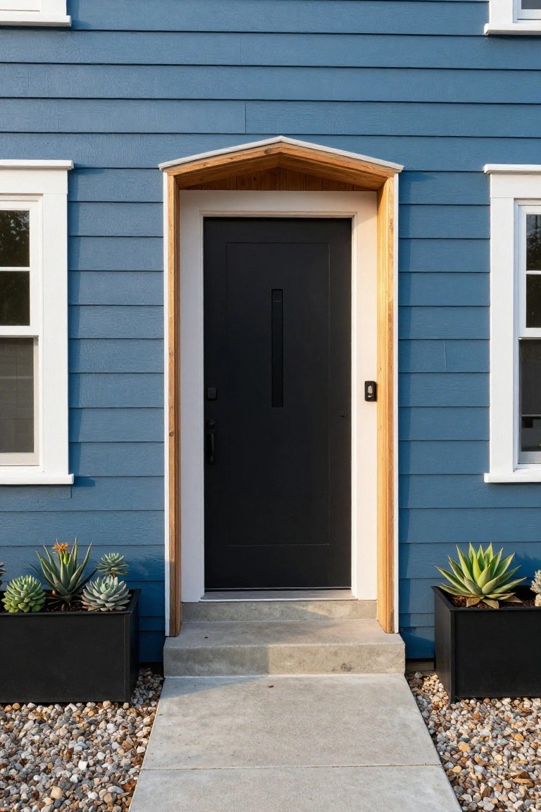 Blue clapboard house exterior featuring a black front door under a wooden portico, white-framed windows on either side, concrete steps, and black planters with succulents along the entry path.