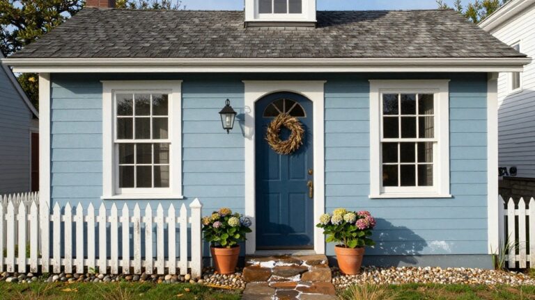 Light blue clapboard house with white trim and gable roof, navy blue front door with wreath and lantern, stone entry steps, potted hydrangeas and ornamental grass, white picket fence, and gravel edging.