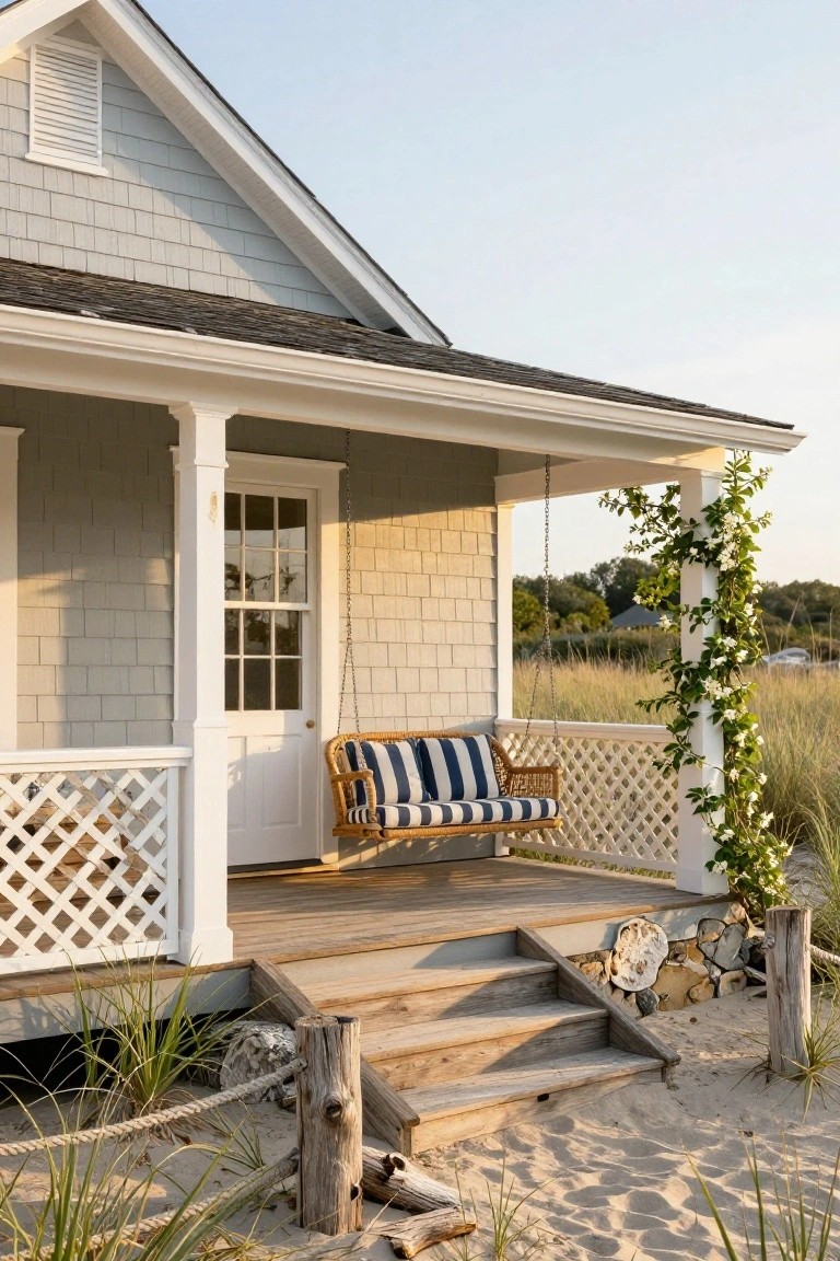 Gray shingled coastal house with white trimmed porch, rattan swing with blue cushions, vine-covered post, steps leading to sand and dune grass.