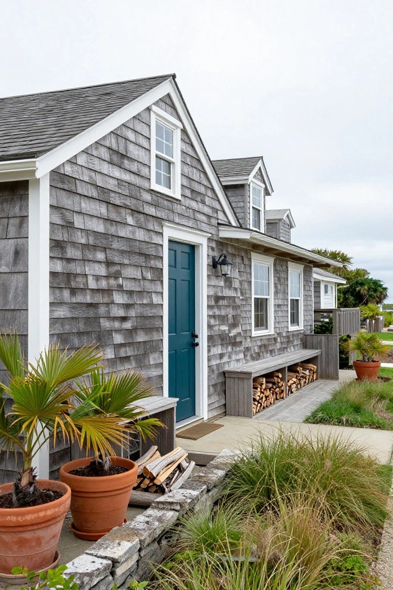 Side view of a small gray shingle house with white trim, a turquoise paneled front door, built-in firewood bench, potted palm plants, and ornamental grasses nearby.