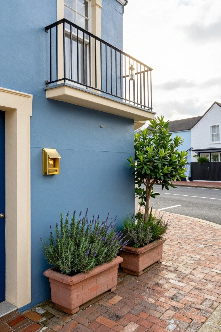 Side view of a light blue house exterior with white trim, black metal balcony railing, gold mailbox on the wall, terracotta pots planted with lavender, a small evergreen tree, and a brick pavement path.