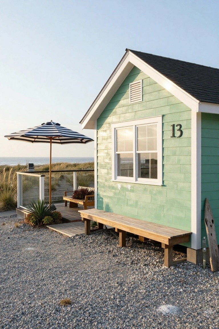 Side view of a mint green shingle-sided cottage numbered 13 with a double window, wooden bench on a deck, striped beach umbrella, potted plants, and gravel ground near ocean dunes.
