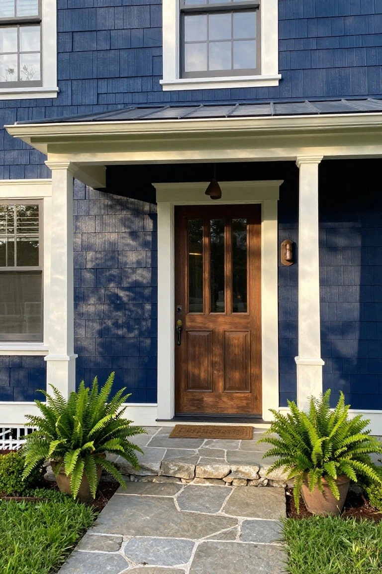 Front exterior of a house with navy blue shingle siding, white trim and porch columns, glass-paneled wooden front door, potted ferns on either side of stone steps, and green lawn.