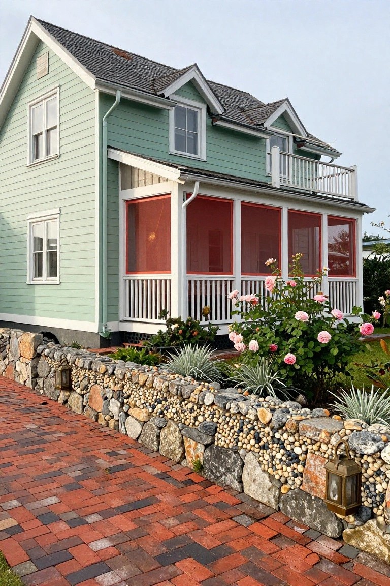 Light green clapboard house with red screened porch, white trim, upper balcony, stone wall with lanterns, brick path, and pink rose bushes.
