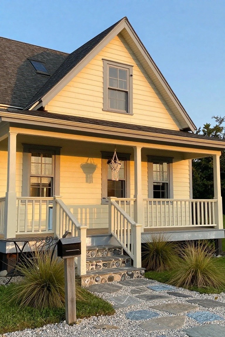 Pale yellow clapboard house with gable roof, front porch on columns, gray-trimmed windows, white railings, steps with stone risers, black mailbox, and ornamental grasses beside a gravel path.