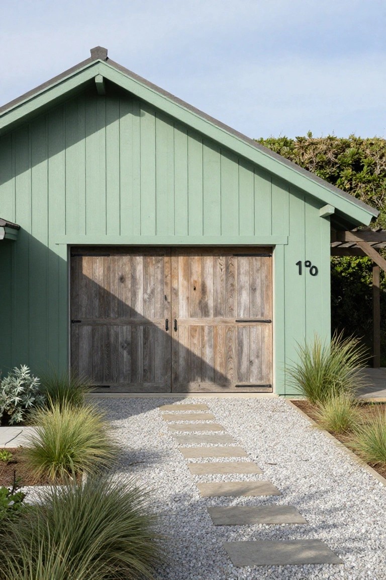 Sage green vertical board-and-batten siding on a gabled garage structure with double weathered wood doors, black number 1G marker, gravel pathway with stone pavers, and ornamental grasses on both sides.
