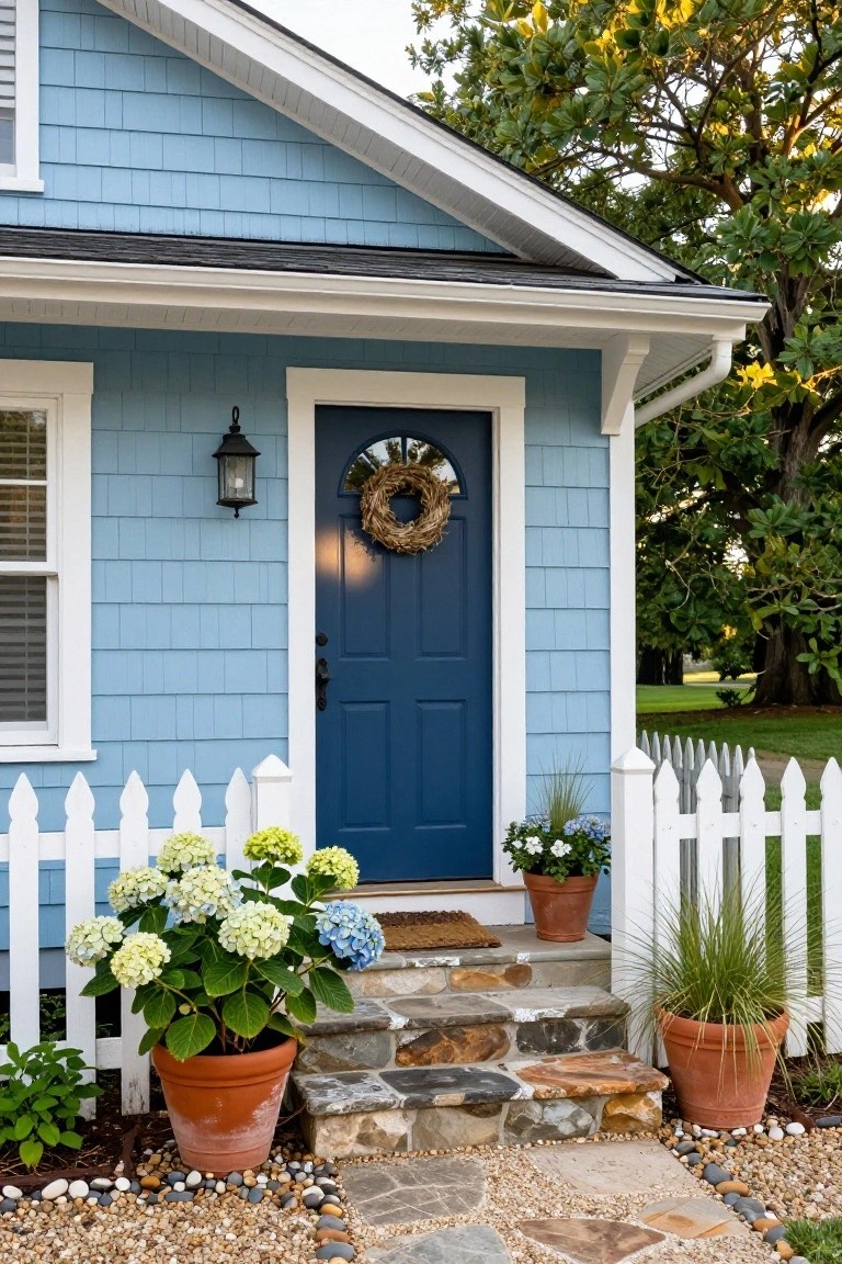 Light blue clapboard house with white trim and gable roof, navy blue front door with wreath and lantern, stone entry steps, potted hydrangeas and ornamental grass, white picket fence, and gravel edging.