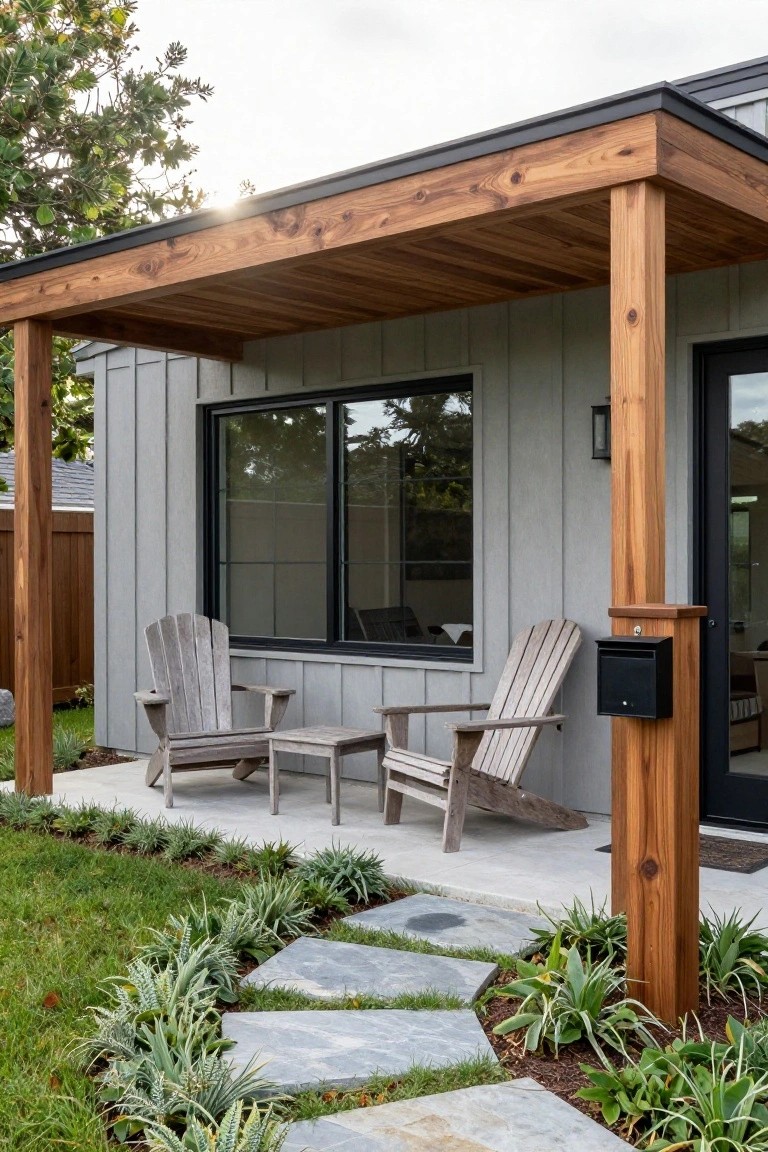 Modern house exterior featuring light gray vertical siding, black-framed windows and sliding door, covered porch with natural cedar wood beams, posts, and ceiling, two weathered Adirondack chairs and side table on concrete pad, stepping stone path, and low-water landscaping with agaves and grass.