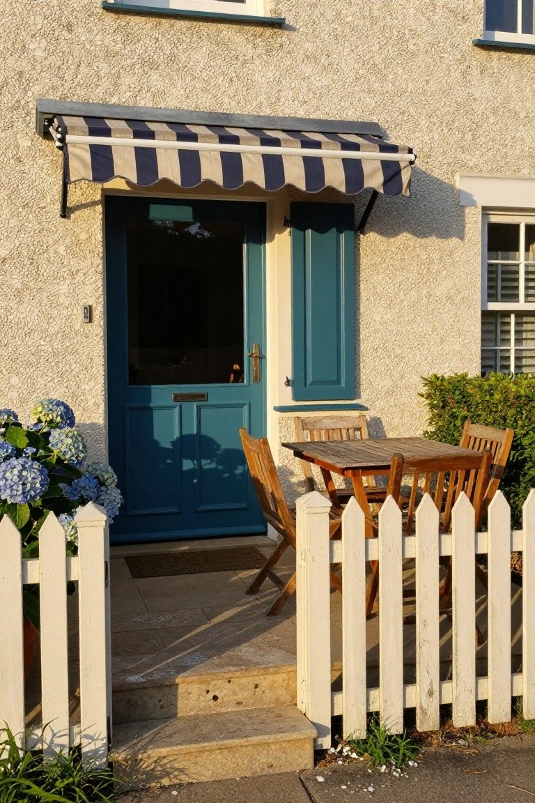 Coastal cottage exterior featuring a turquoise front door with matching shutters, beige striped awning overhead, white picket fence, wooden outdoor dining table and chairs on stone steps, and potted blue hydrangeas.