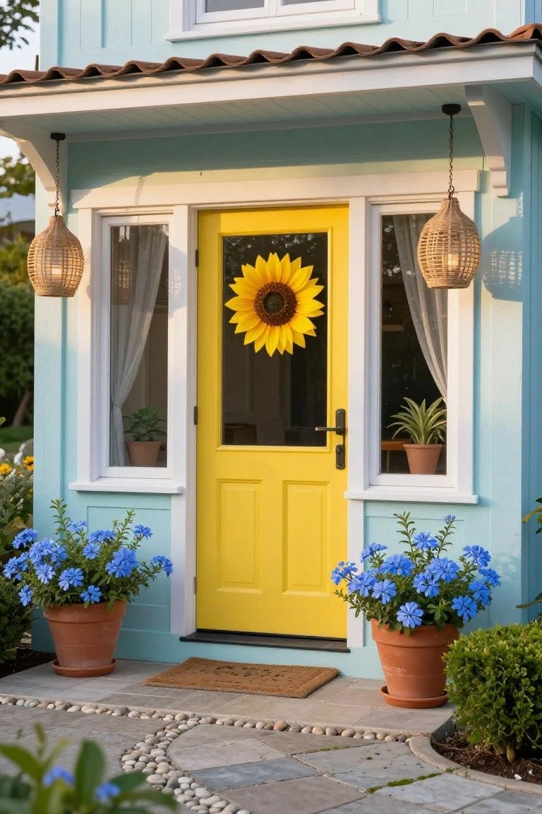 Small turquoise house exterior featuring a bright yellow front door with a large sunflower wreath, sheer-curtained windows on either side, hanging rattan lanterns, potted blue flowers flanking the entry, and a stone pebble path with a welcome mat.