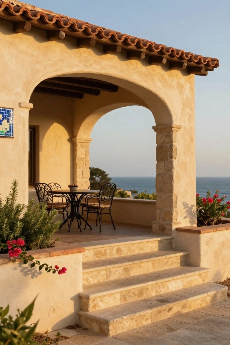 Beige stucco house exterior with arched porch supported by stone pillars, black metal table and chairs on a terrace, terracotta roof tiles, potted plants, steps leading up, and ocean view in the background.