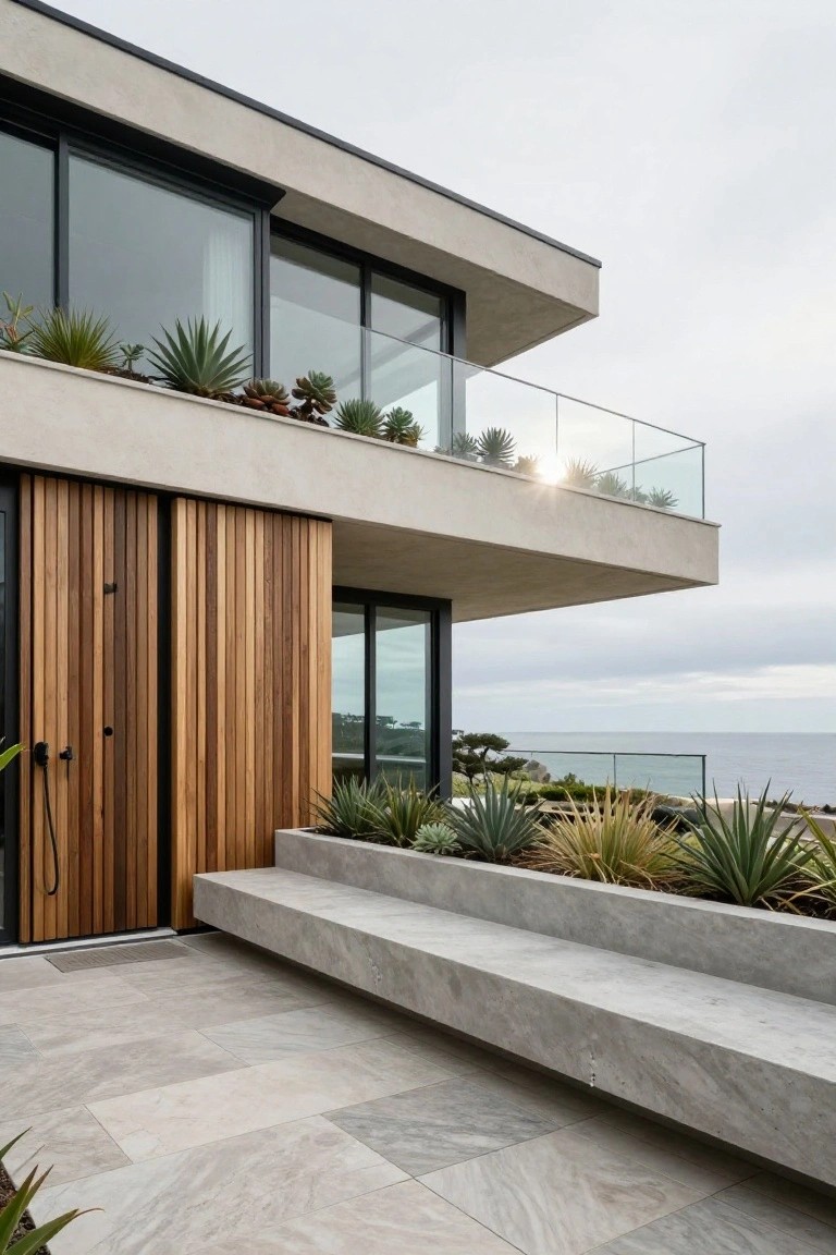 Modern house exterior with light gray concrete walls, vertical warm wood slatted entry doors, glass windows and railings, succulent plantings in concrete planters, a built-in bench, and ocean view.