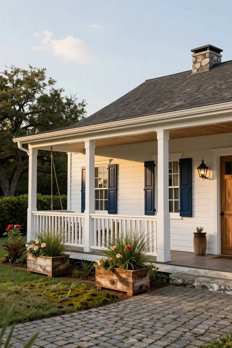 White clapboard house with navy blue shutters on windows, wraparound porch with swing and railing, wooden door, flower-filled planters, and cobblestone path.