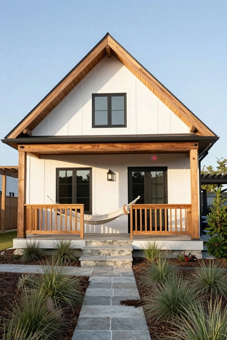 Front view of a small white board-and-batten house with gabled roof, dark-framed windows, covered wooden porch with railing and hammock, stone steps, and clumps of ornamental grasses in beds along a paved path.