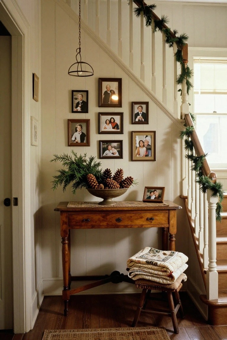 A cozy entryway with framed family photos, a wooden table, pinecones, and folded quilts.