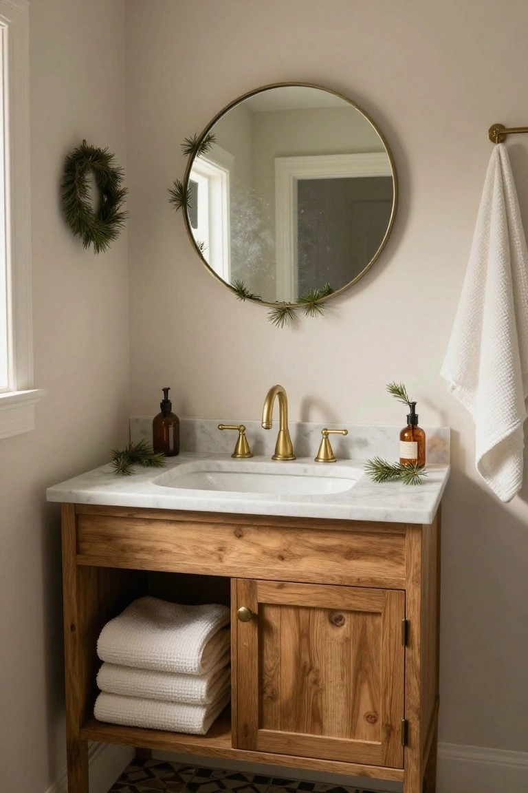 Bathroom vanity with white marble countertop, wooden cabinet storing folded white towels, gold round mirror framed by pine sprigs and small wreath, gold faucet, hanging towel, and amber soap dispensers.