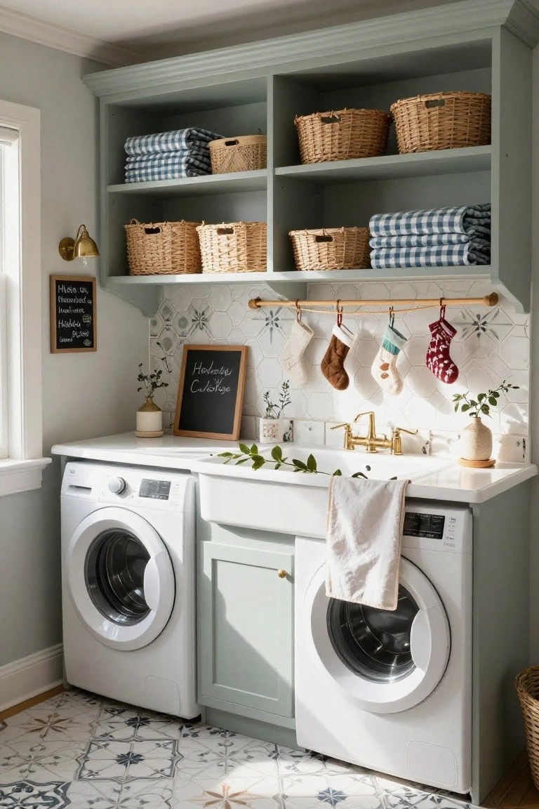 Sage green cabinetry laundry room with white washer and dryer, farmhouse sink on white countertop, hexagonal white tile backsplash, wooden rod holding colorful knit Christmas stockings, wicker baskets on open shelves above.