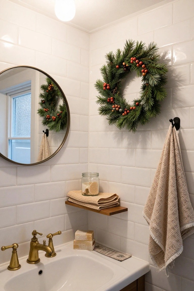 A small white subway-tiled bathroom with a round brass mirror hung with a pine Christmas wreath featuring red berries, a matching wreath on the adjacent wall, brass faucet sink, wooden shelf holding stacked beige towels and a glass jar, bars of soap, and a hanging beige towel.