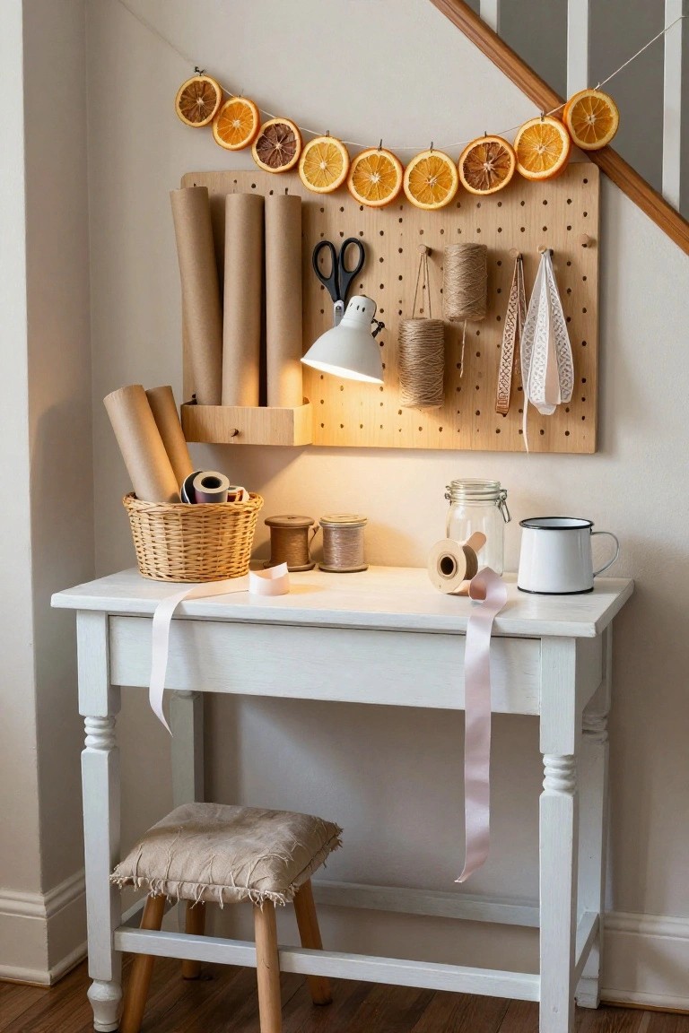 A cozy craft desk with paper rolls, scissors, ribbons, and decorative orange slices.