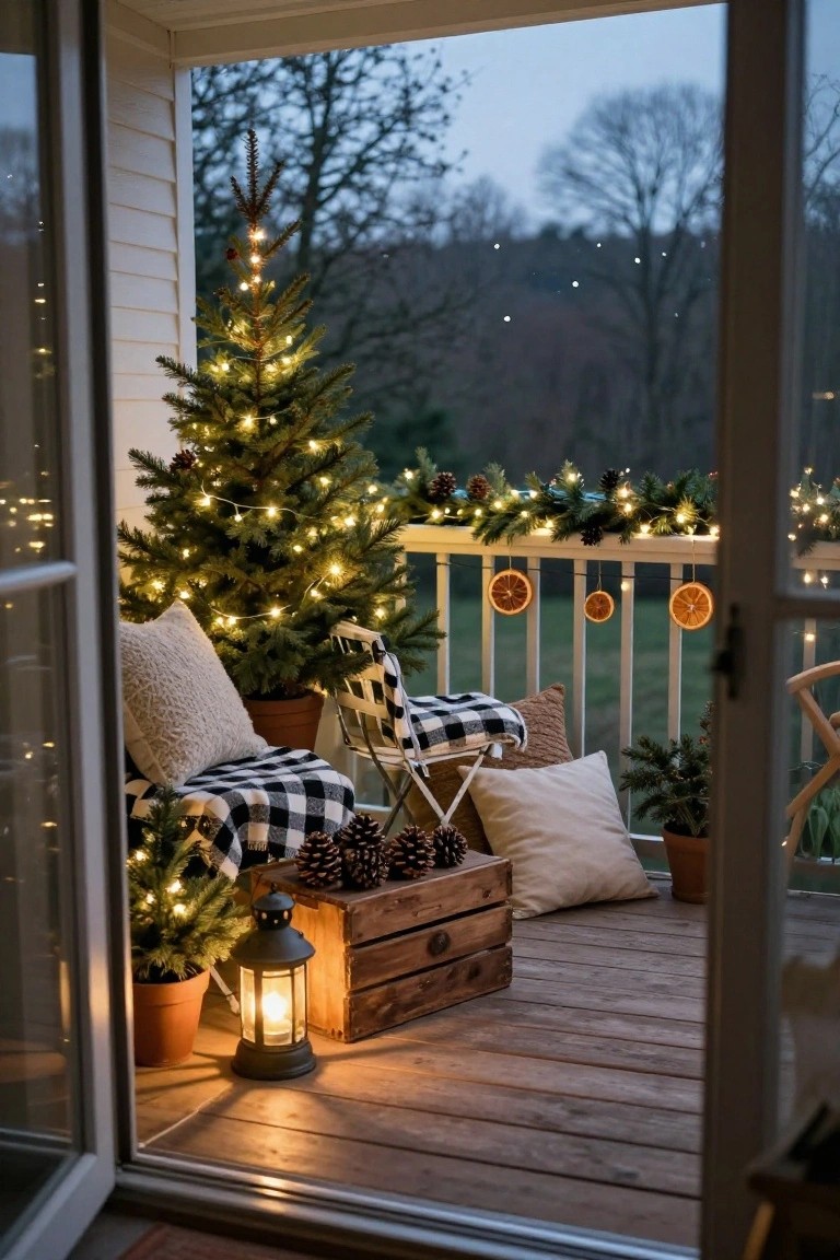 Balcony decorated for Christmas featuring a small lit evergreen tree, folding chair with checkered blanket and pillows, wooden crate with pinecones, lantern, and garland with dried orange slices on the railing, viewed from inside through open glass doors at dusk.