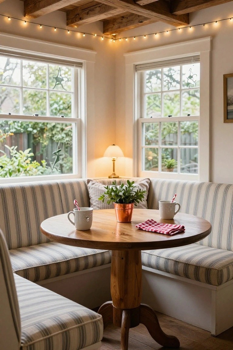 Kitchen corner with white and blue striped banquette seating around a round wooden table topped with two white mugs featuring candy cane stirrers, copper plant pot, checkered napkin, pillows, brass lamp, string lights, and large windows showing greenery outside.