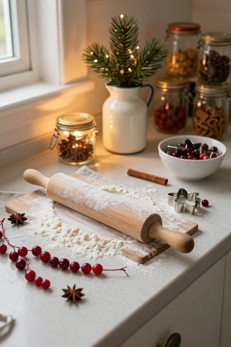 Kitchen counter setup with a wooden rolling pin on a floured cutting board, surrounded by cookie cutters, cinnamon sticks, star anise, red cranberries, jars of spices and nuts, and a small lit fir branch in a jug.