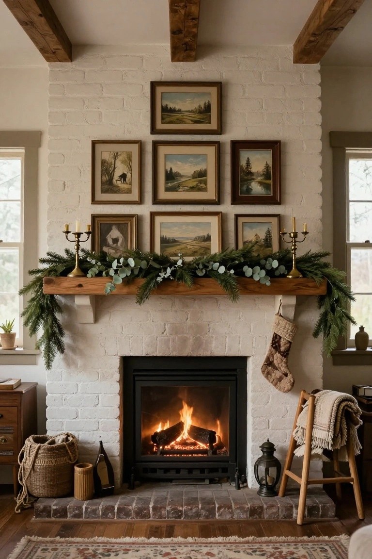 White brick fireplace with burning fire, wood mantel decorated with fir and eucalyptus garland, gold candelabras, plaid stockings, and vintage picture frames on the wall above.