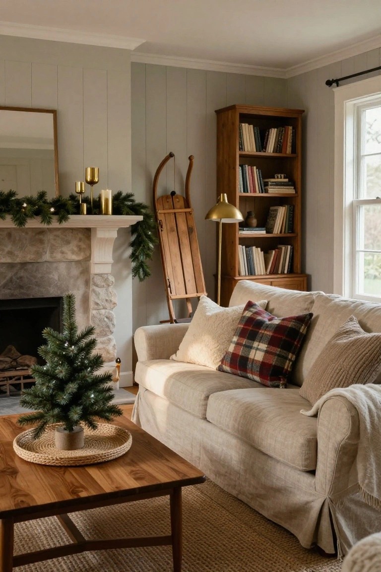 Cozy living room interior with stone fireplace mantel draped in evergreen garland and candles, small lit Christmas tree in seagrass tray on wooden coffee table, beige slipcovered sofa with plaid pillows, wooden bookcase, and neutral paneled walls.