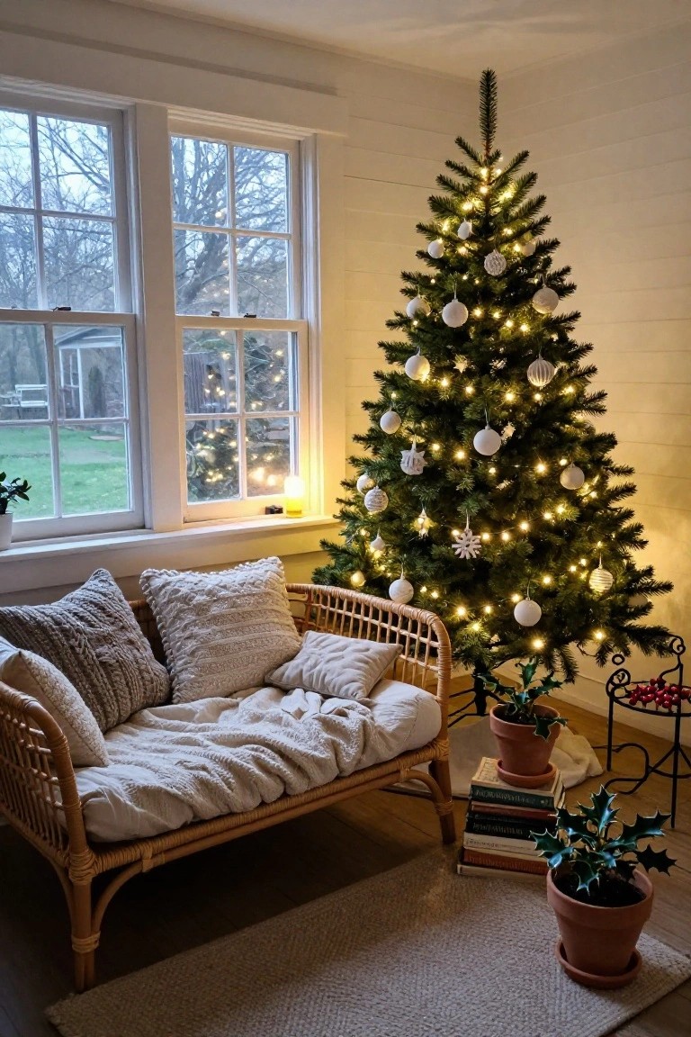 A lit Christmas tree with white ball ornaments stands in a white shiplap-walled room beside a rattan daybed topped with plush gray pillows and a white blanket, near large windows and potted plants.