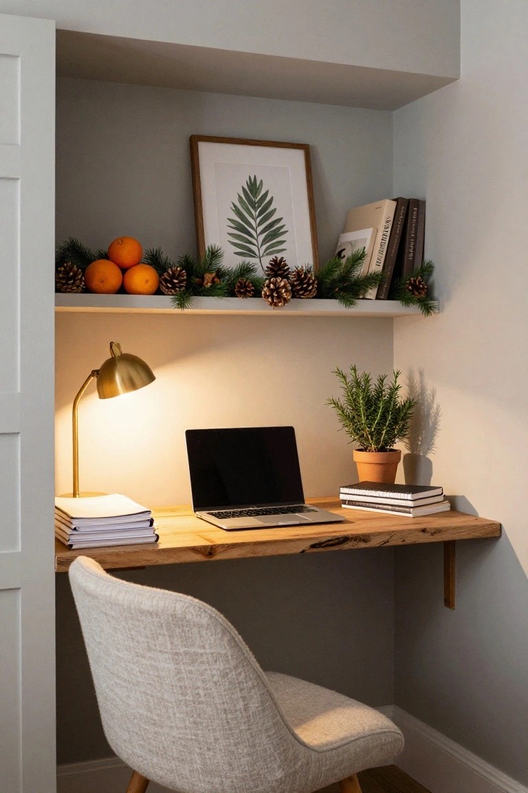 Recessed wall alcove with floating live-edge wooden desk holding MacBook laptop and notebooks, gold desk lamp, potted rosemary plant, shelf above with books, framed leaf print, oranges, pinecones, evergreen branches, and cream upholstered chair below.