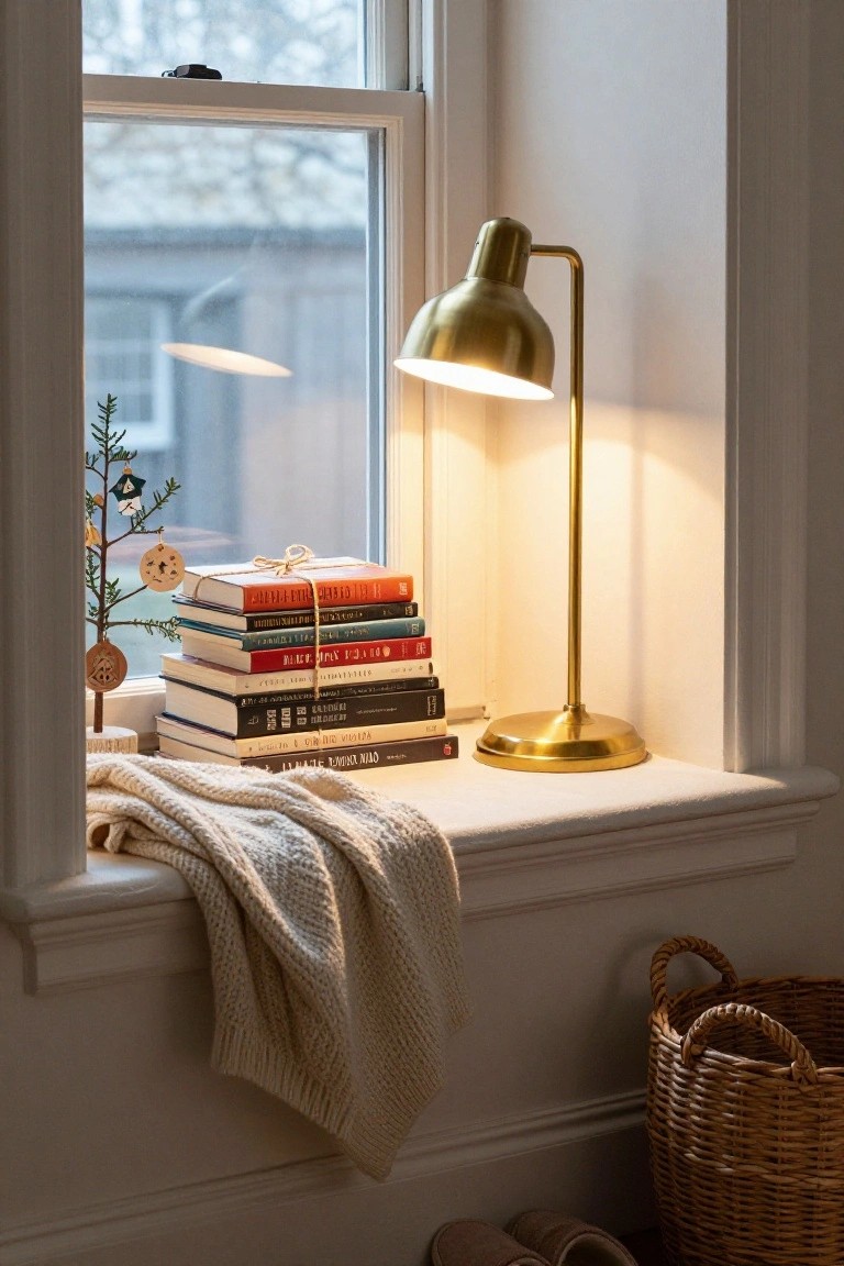 White windowsill with stack of ribbon-tied books in various colors, small Christmas tree with ornaments, lit gold arched lamp, draped cream knit blanket, wicker basket, and slippers on floor next to window with winter trees outside.