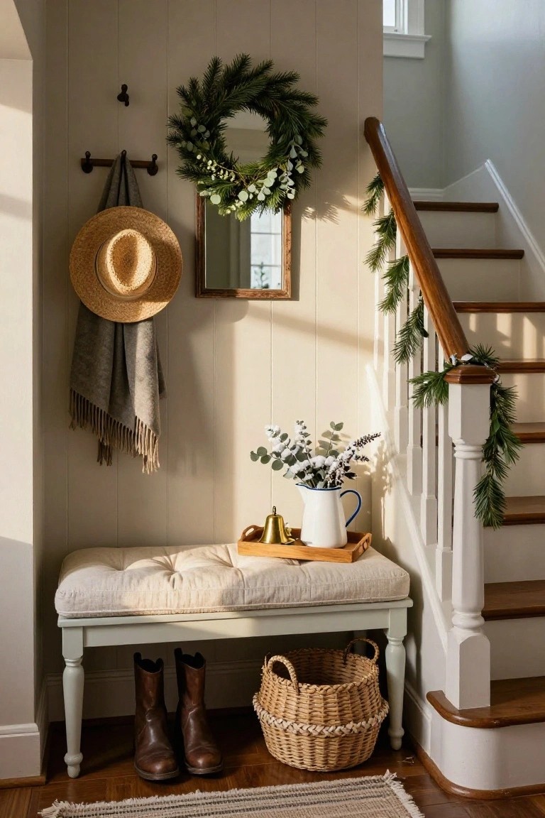 Cushioned bench with white linen seat and pale green painted legs in a beige entryway, brown leather boots in front, wicker basket beside it, gray scarf and straw hat on wall hooks, small mirror, holiday wreath, eucalyptus in jug, and pine garland on stairs.